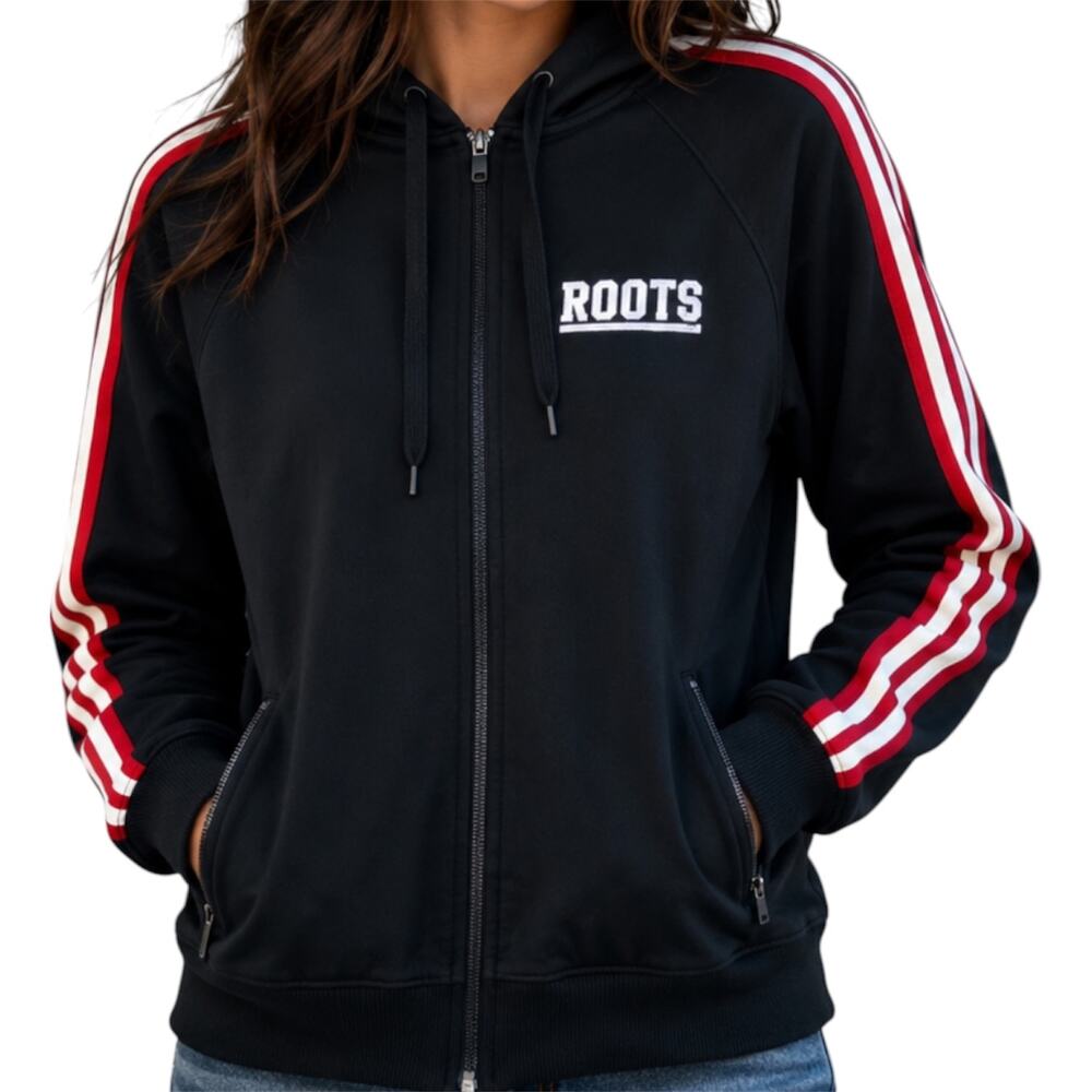 ROOTS Athletics Full Zip Hoodie Track Jacket Red Striped Drawstring Black M